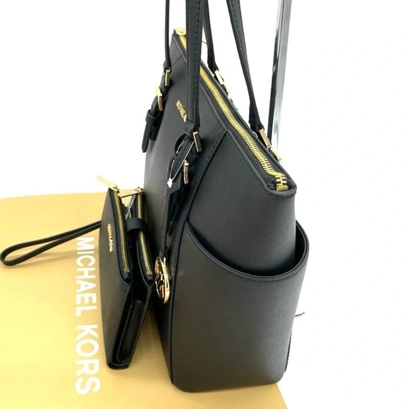Michael Kors Large Charlotte Tote Bag & Double Zip Wallet Black/Gold (NWT) - Picture 3 of 11